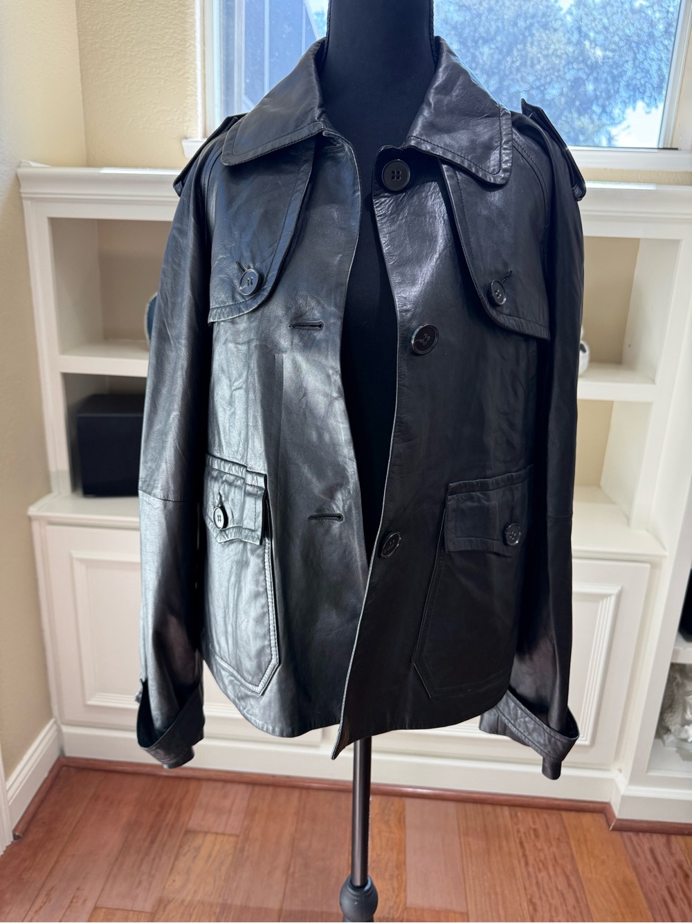 Theory Black Soft Leather LG Utility Field Jacket Button Front Military Style